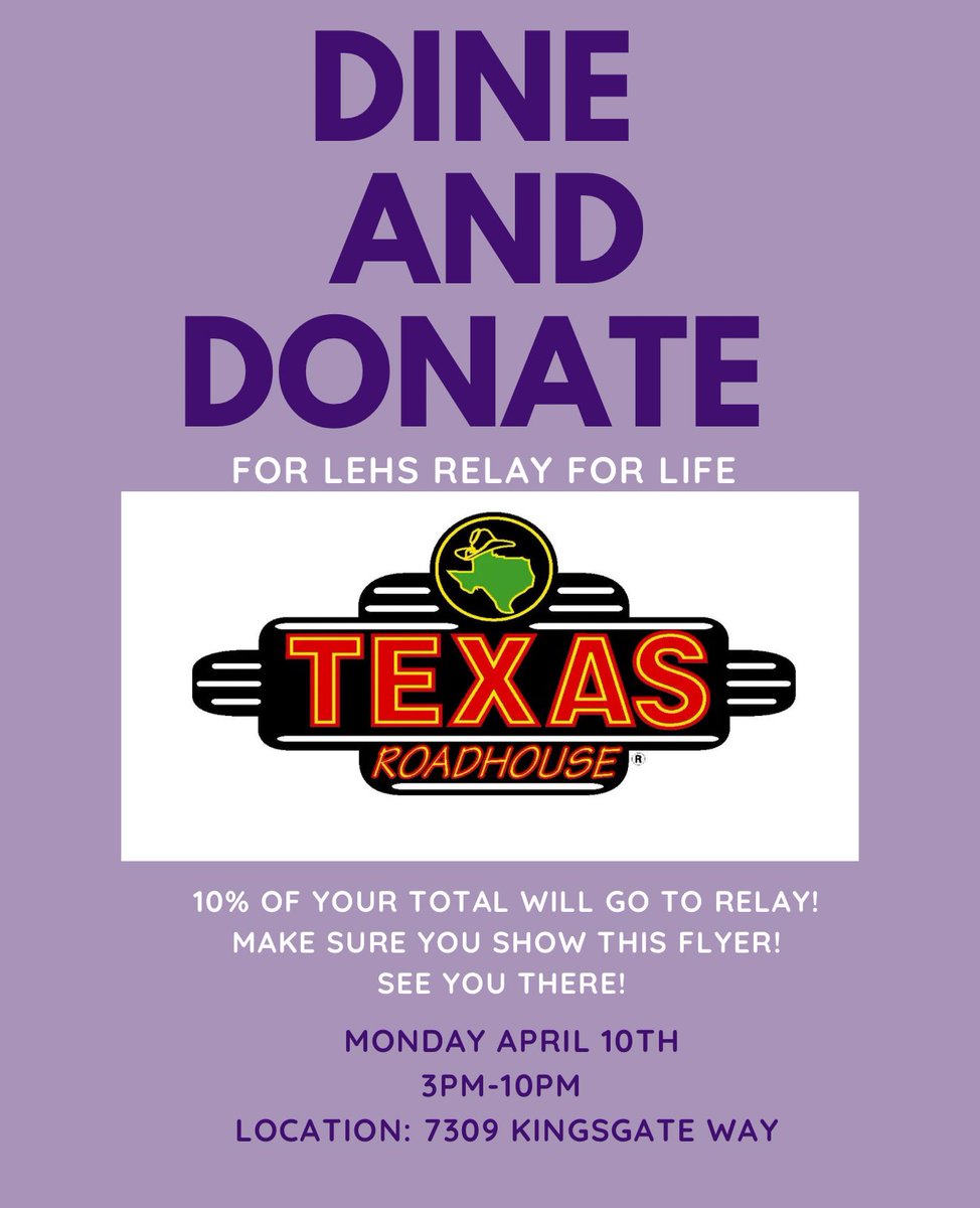 captains meeting tomorrow and our dine and donate! learn about relay and then head to texas roadhouse! see everyone tomorrow!