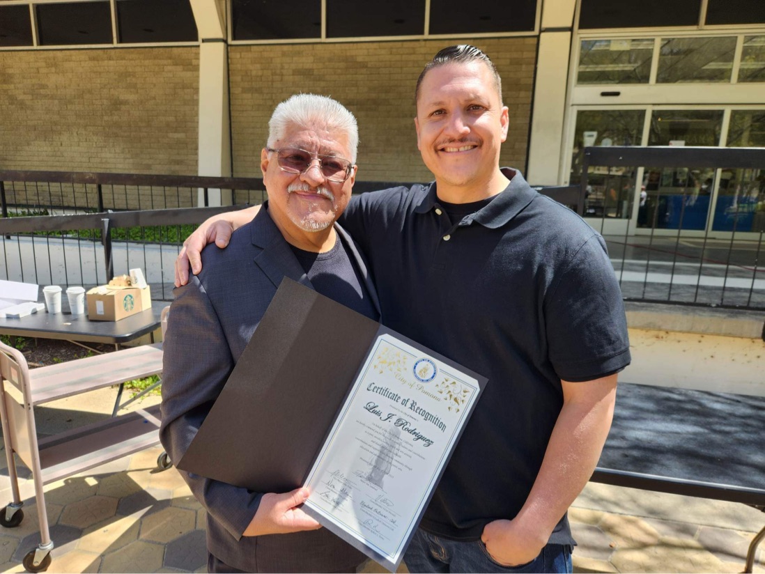 Yesterday in front of Pomona's Public Library, I was honored with a Certificate of Recognition by Pomona's Poet Laureate, Cesar Avelar, pictured, as well Mayor Tim Sandoval and Councilmember Nora Garcia. Many friends showed up and I had a great time.