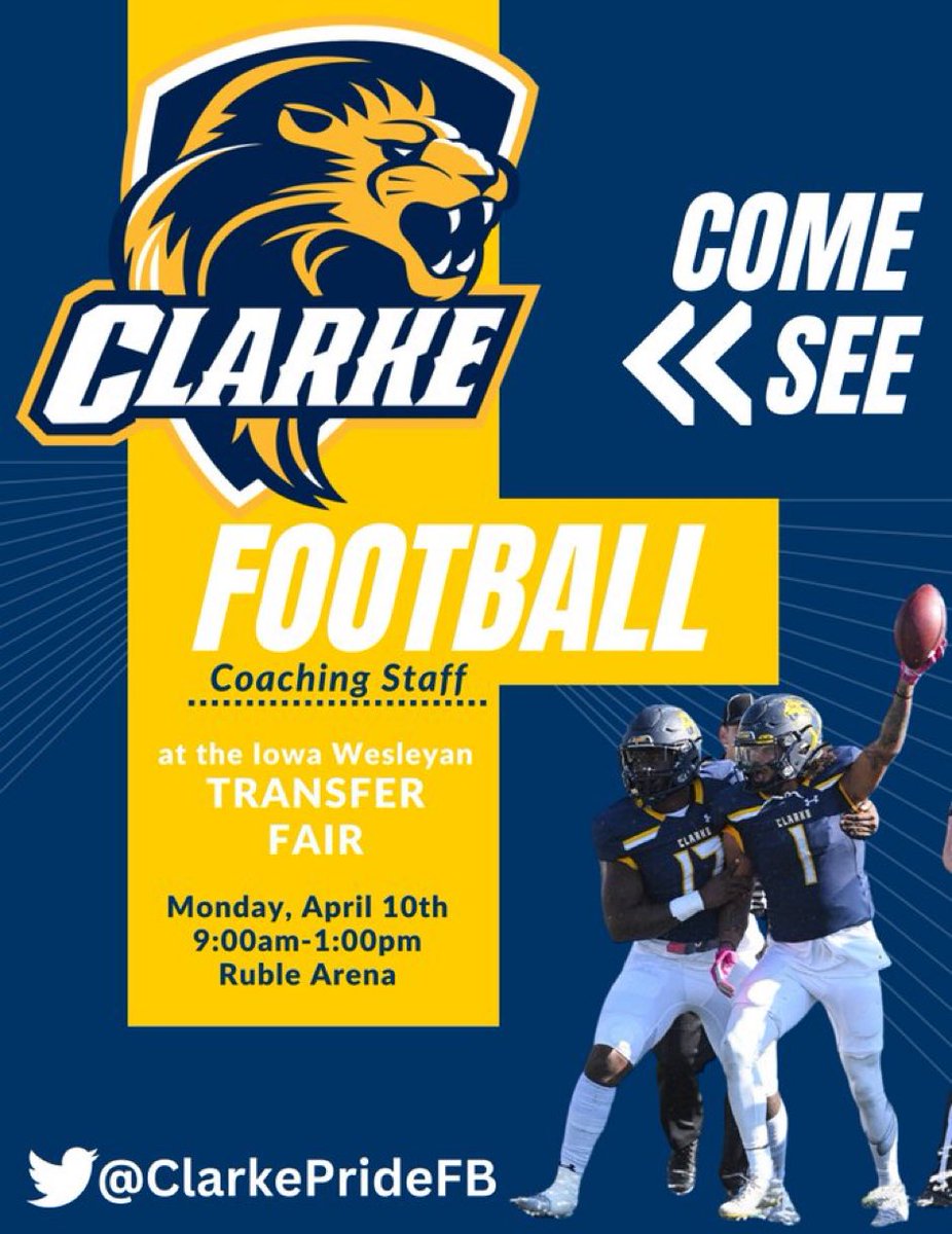 CoachHicksTJC's tweet photo. 🚨 Tomorrow 9am-1pm, @IowaWesleyan and @IWTigerFootball come by and see the football staff and some of our Admissions Team. Find out why @ClarkeU is the place for you! https://t.co/xEGHsWbXTF