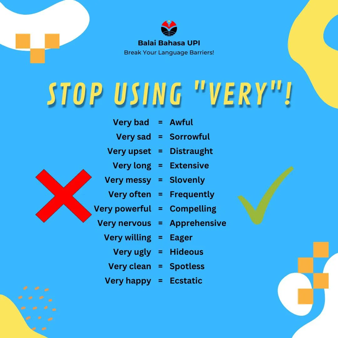 balaibahasaUPI's tweet photo. Stop using "Very"! Use these words instead!

Find out more vocabulary to use in your essay by joining Online IELTS Preparation Class in Balai Bahasa UPI.

Daftar sekarang!
https://t.co/xEecpets7L

#ielts #ieltspreparation #balaibahasupi #breakyourlanguagebarriers #upi https://t.co/3PPiSthm8y