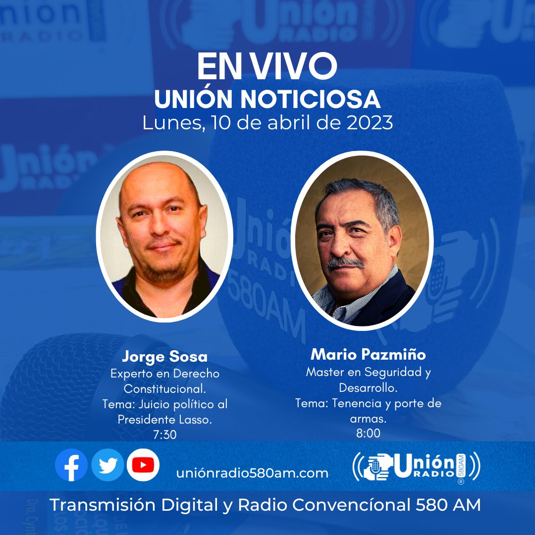 Unionradio580am's tweet photo. #Envivo
#Espaciodeentrevistas

Acompáñanos a escuchar a nuestros invitados:

Jorge Sosa
Mario Pazmiño
@LuisAlmeidaM
María José Robalino

Escúchanos en el dial #580AM, por fb live, YouTube, Twitter
@unionradio580am y en https://t.co/vxgL91JWE6 🇪🇨
Somos:
 La Cadena⛓️ de la Unión 🤝 https://t.co/a4aW4Q75Gg