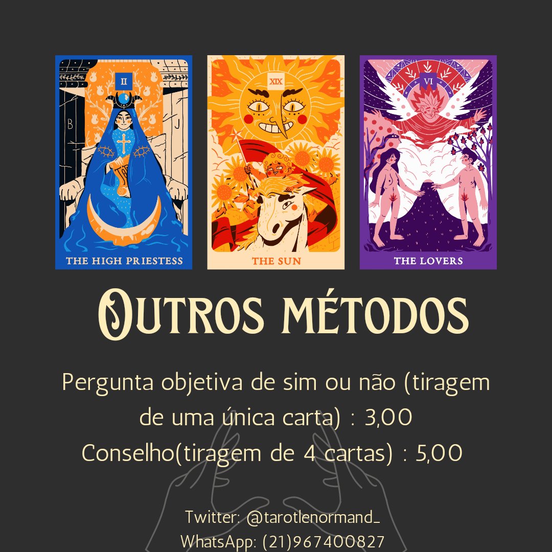 Olá! 🦋
Me chamo Ana, estudo e pratico bruxaria, sou pagã e também cartomante. 🃏🔮
Esses são os serviços que ofereço. Para agendar um feitiço ou uma tiragem com tarot, basta me chamar no Whatsapp (21)967400827 ou me mandar um oi na DM💌