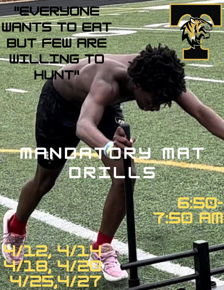 We are a few weeks away from Spring Football 4 current 8th-11th graders. We are having Mandatory Mat Drills from 6:50-7:50 AM on the following dates: April 12,14,18,20,25 &amp; 27. That’s a total of 6 workouts the next 3 weeks.