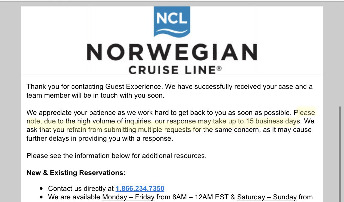 squirrel_2015's tweet photo. Reached out to @CruiseNorwegian to let them know what a let down our cruise was. Almost laughed at their auto generated response because it’s so fitting. You need more hands on deck. This is terrible customer service. https://t.co/iemtgEv7l7