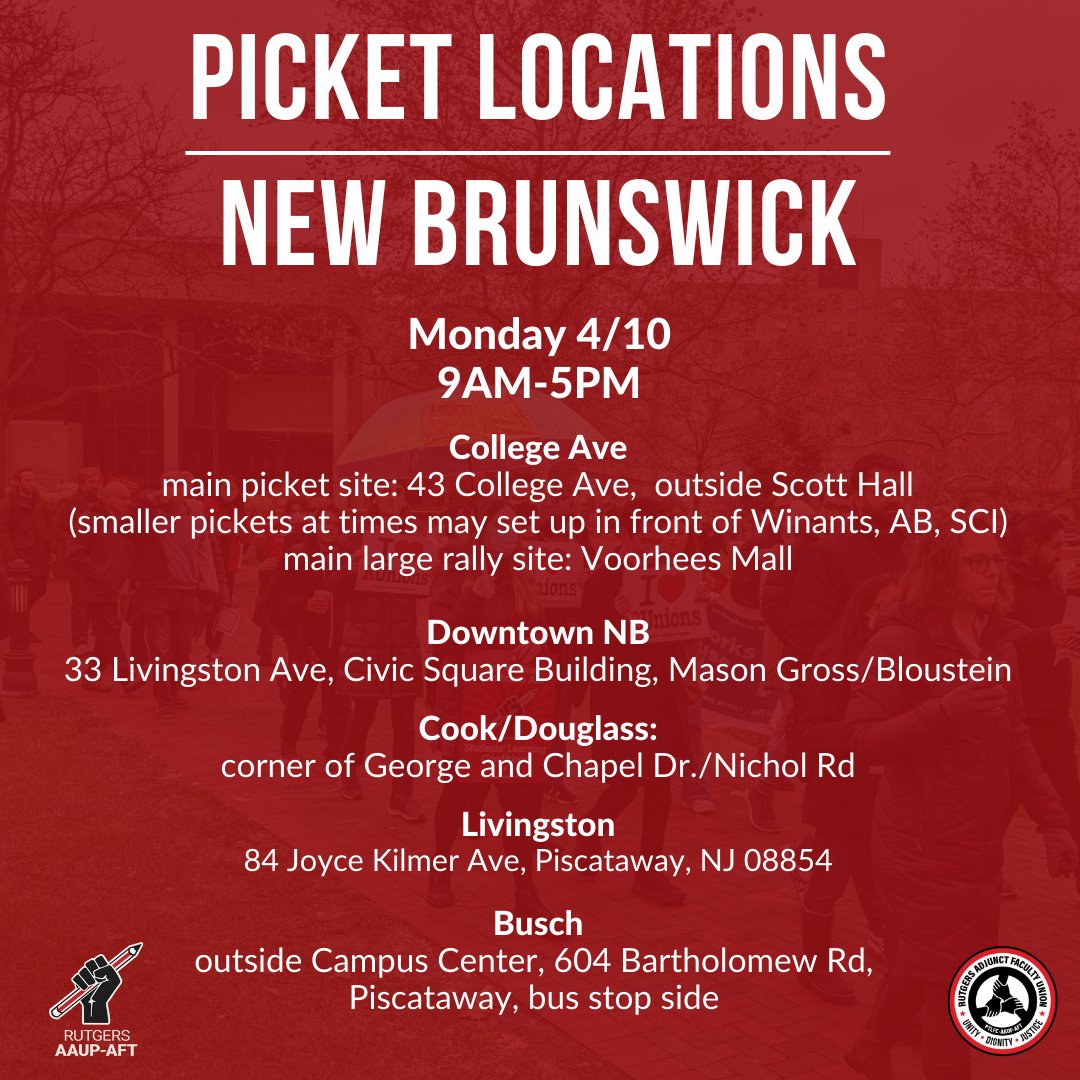ruaaup's tweet image. We have declared an historic strike - starting tomorrow morning Monday 4/10 #WeROnStrike
We look forward to standing on the picket lines with you!! 
Here’s where to be tomorrow morning! 
#RUOnStrike
follow our new @RUStrikeUpdates for more events each day
linktr.ee/RUStrikeUpdates