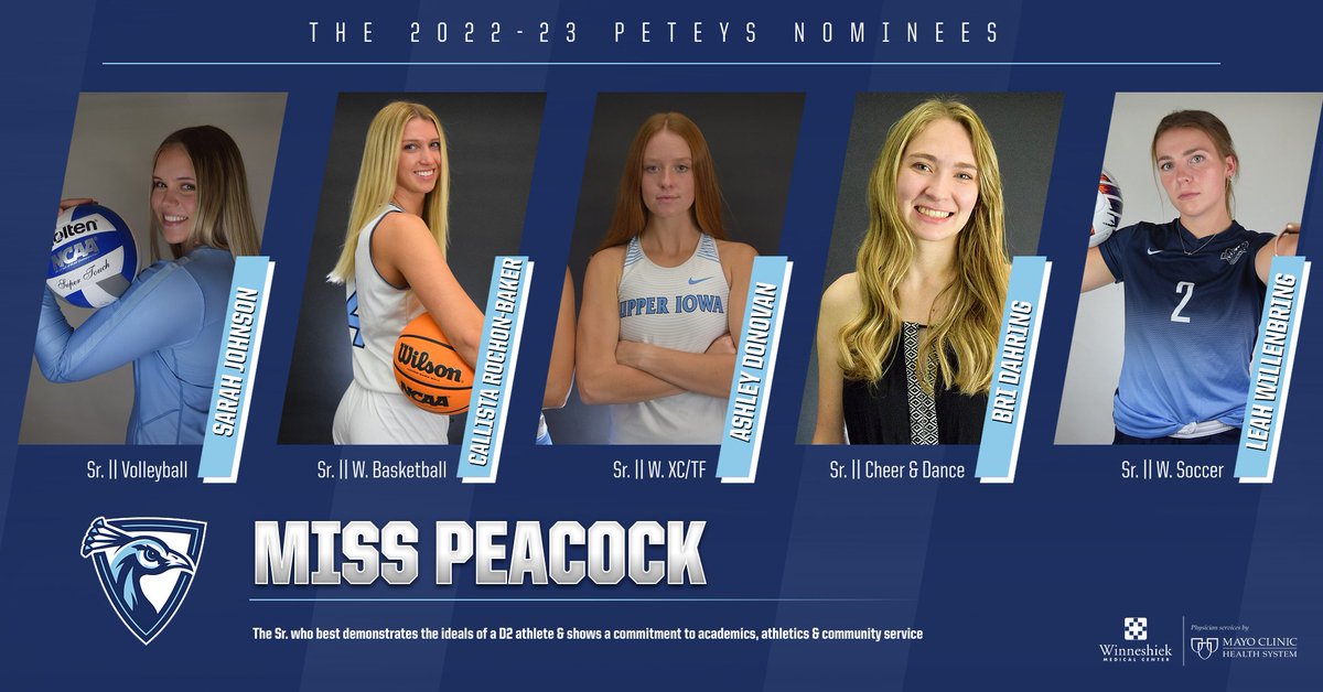 UIUPeacocks's tweet photo. Miss Peacock is awarded to the senior who best demonstrates the ideals of a DII athlete.
 
 The nominees are...
- Sarah Johnson @UIU_Volleyball 
- Callista Rochon-Baker @UIU_WBB 
- Ashley Donovan @UIU_XCTF 
- Bri Dahring @uiucheer 
- Leah Willenbring @UIU_WSoccer https://t.co/FUL6wIJtZc