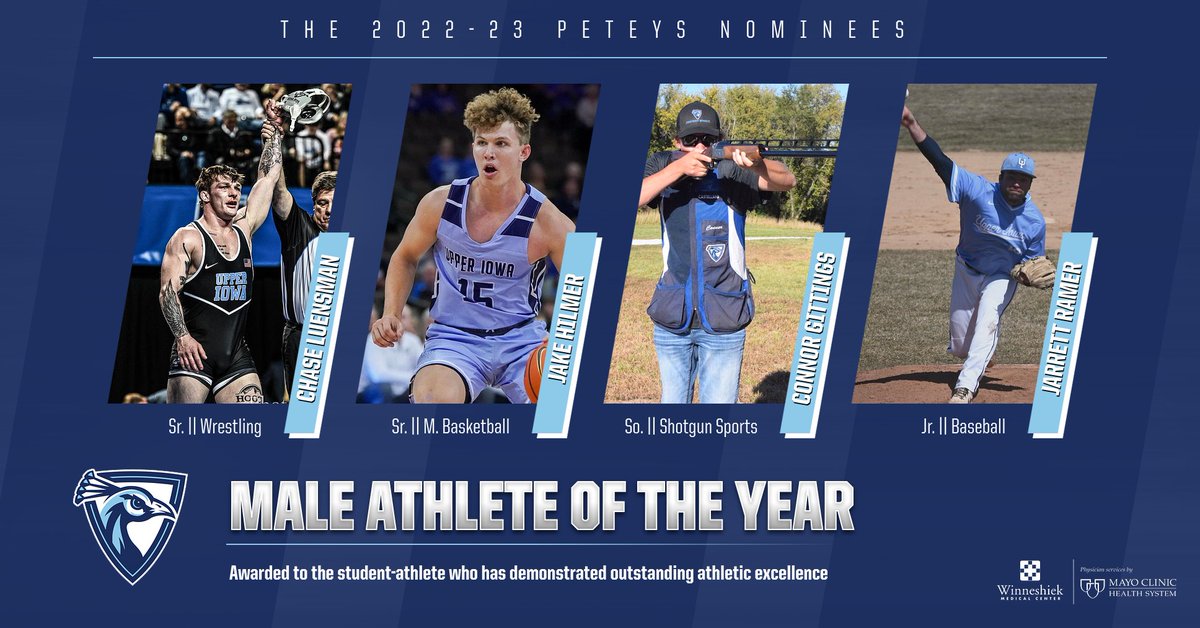 The Male Athlete OTY is awarded to the student-athlete who has demonstrated outstanding athletic excellence on the field, court, or track.  
The nominees are:
- Chase Luensman <a href="/UIU_Wrestling/">Upper Iowa Wrestling</a> 
- Jake Hilmer <a href="/PeacockHoops/">Upper Iowa MBB</a> 
-Connor Gittings <a href="/UIUShotgun/">UIU Shotgun Sports</a> 
- Jarrett Ramer <a href="/UIUBaseball/">Upper Iowa Baseball</a>