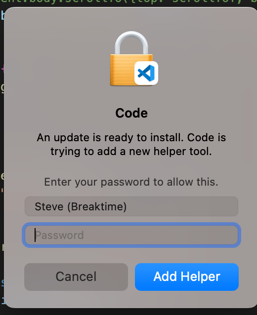 hallman76's tweet photo. I get this all the time from VS Code and it's never clear what's going on. Is a plugin installing a bitcoin miner? I need more info than "a helper tool"  #VSCode https://t.co/TJtnTEB3jH