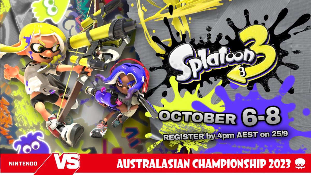 SplatoonAUNZ's tweet photo. Attention Australia and New Zealand players! Want to show you are the freshest in the Splatlands? 

The #Splatoon3 Australasian Open tournament is your chance to ink it up with some fresh competition and win prizes such as a trip to @PAXAus, Melbourne!

📰 https://t.co/Zy5JHkSNdh https://t.co/z8AYYEBna4