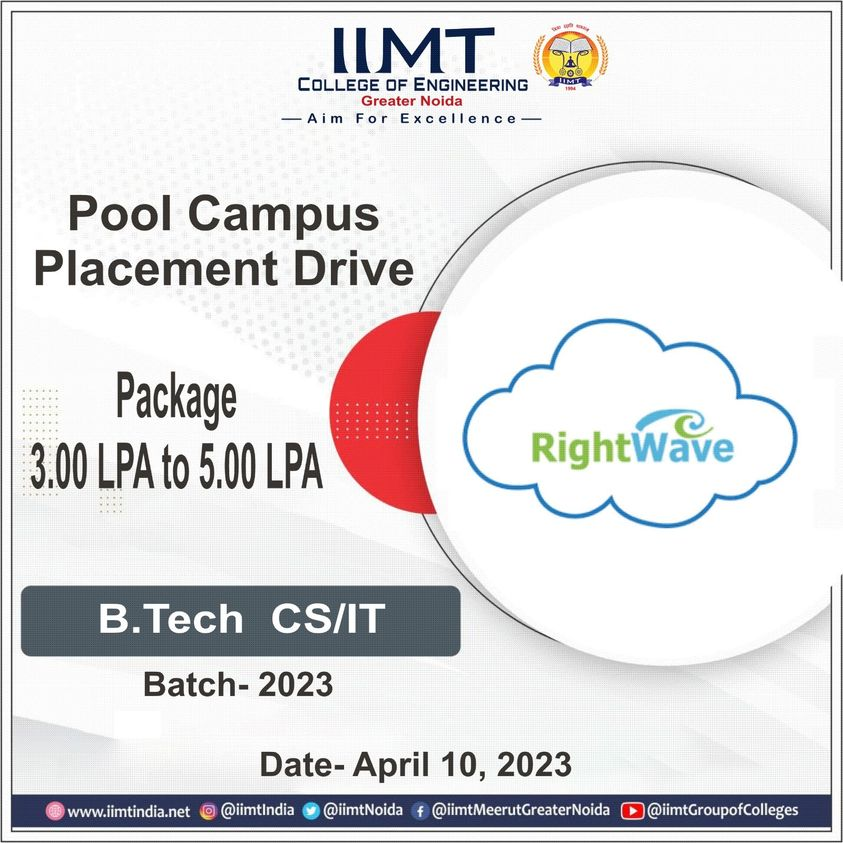 iimtnoida's tweet photo. Pool Campus Placement Drive for B. Tech CSE/IT Batch - 2023 Students.
Company: 'RightWave'
Package: 3.00- 8.00 LPA
Date: 10th April, 2023.
https://t.co/UOh7RIbr6l
Call: 9520886860
#IIMTIndia #iimtgroupofcolleges #BTechCSE #BTechIT #CampusPlacement #campusrecruitment2023 #IIMTian https://t.co/fEMiO5x5OD