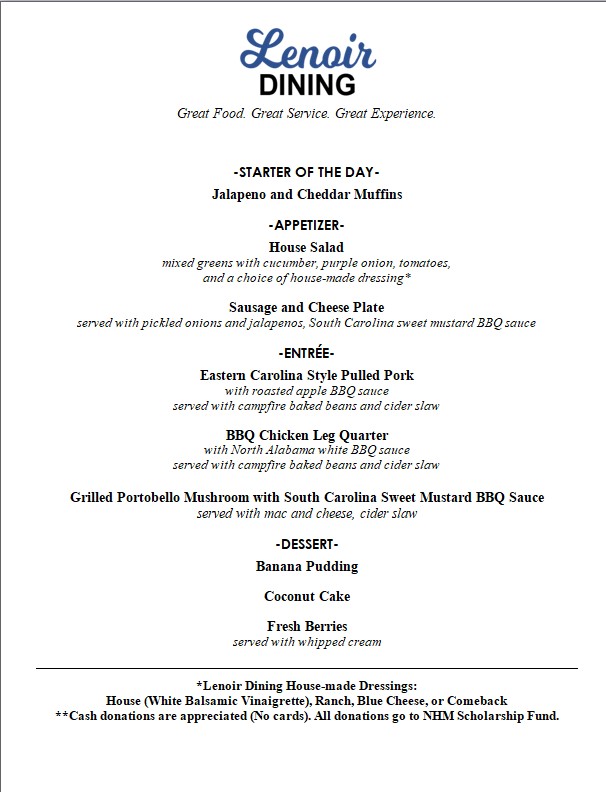 As the weather warms up this Spring, join us for BBQ this week in Lenoir Dining.  Reservations available at 11:30 and 12:30 on Tuesday, Wednesday, and Thursday!