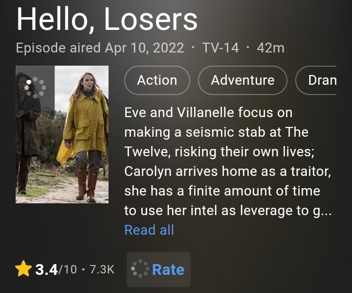 AWomanStabbedMe's tweet photo. April 10th / 3.4 ⭐ Reminder that the only losers were the Killing Eve Season 4 writers room. https://t.co/giAtlp7MUZ