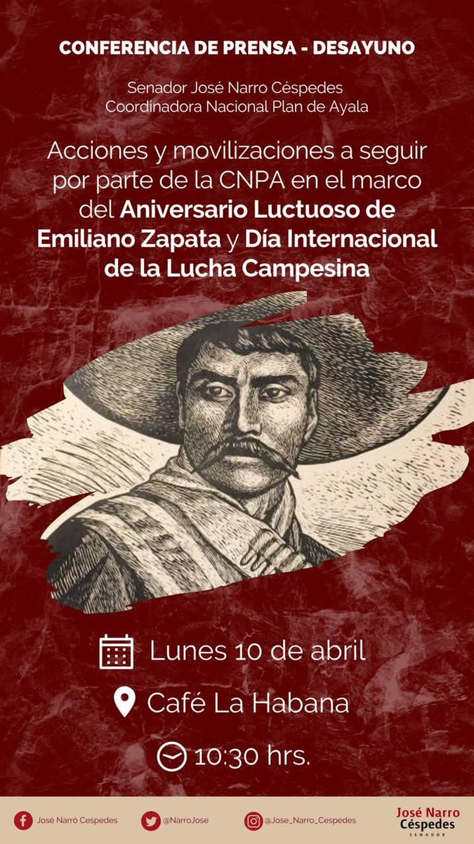 Mañana conmemoramos el aniversario luctuoso de Emiliano Zapata, por lo cual, invitamos a los medios de comunicación a la conferencia de prensa que ofreceremos mañana en café La Habana, Morelia, Cuauhtémoc, CDMX. ¡L@s esperamos!