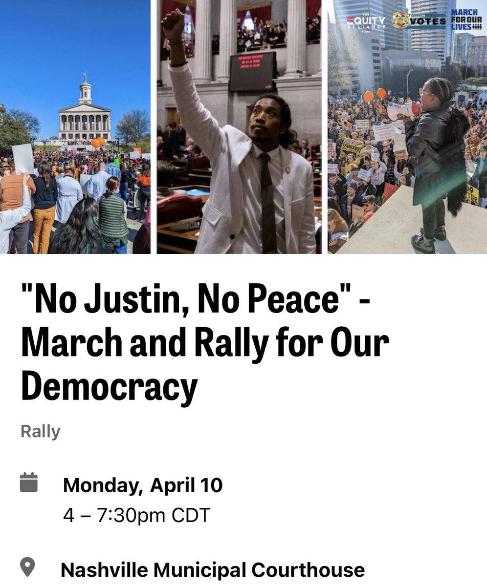 🚨Reminder: Join us tomorrow, April 10th, to stand alongside Representative Justin Jones as he is reappointed to his duly-elected seat. Parking will be limited so please plan accordingly. Lets continue fighting to protect our democracy! Register here: bit.ly/reinstatejusti…