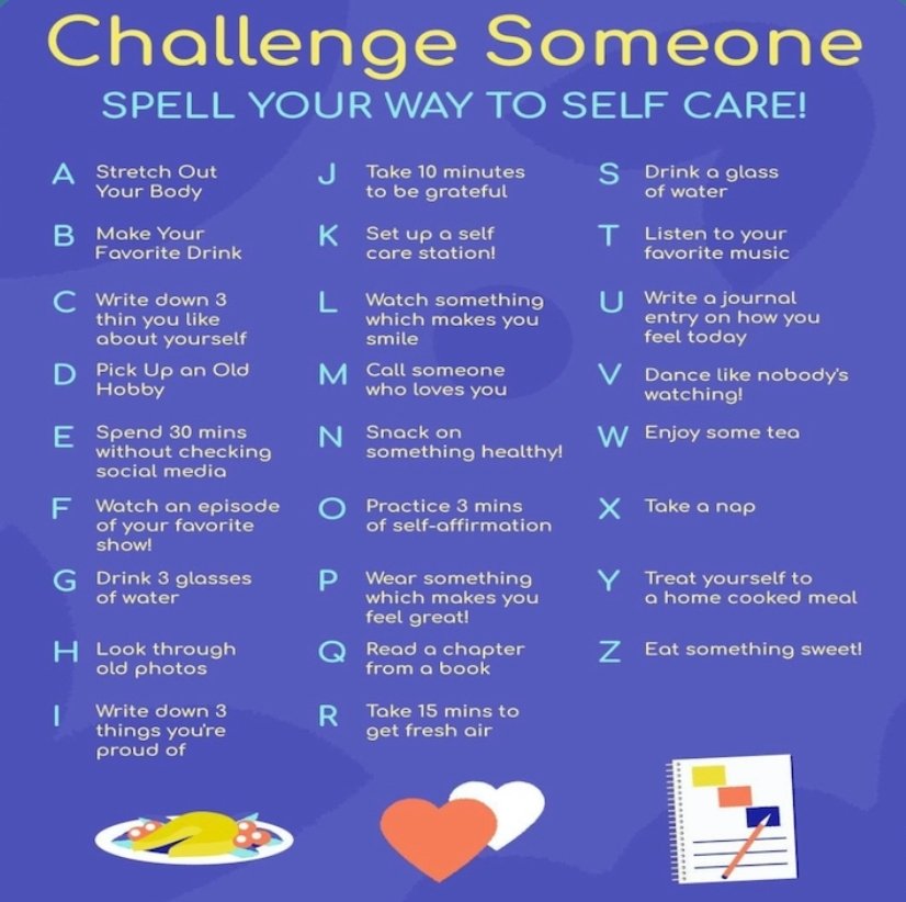 elocintak's tweet photo. Mine is:
Set up a self-care station.
Stretch out your body. 
Listen to your favorite music.
Look through old photos.
Take 15 min to get fresh air.
Treat yourself to a home-cooked meal.
Snack on something healthy.

What is your's?? https://t.co/kWEx8gRx4y