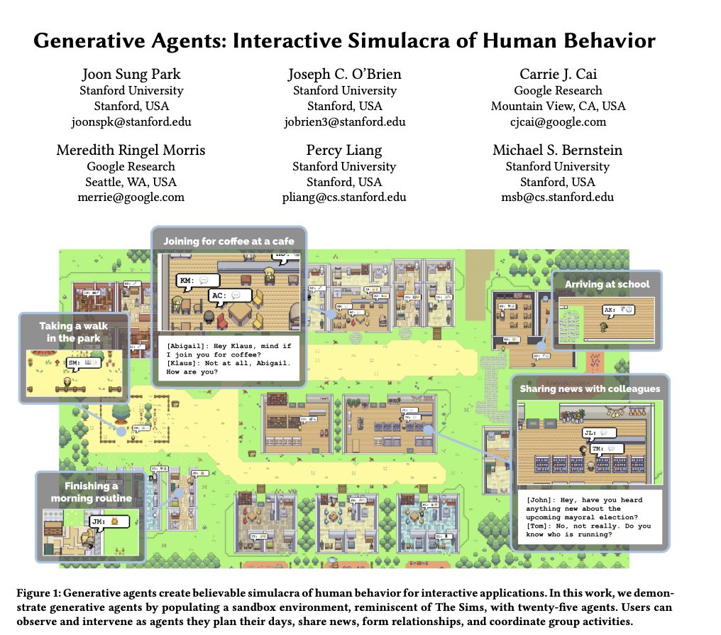 Generative Agents: Interactive Simulacra of Human Behavior

abs: arxiv.org/abs/2304.03442 
project page: reverie.herokuapp.com/arXiv_Demo/