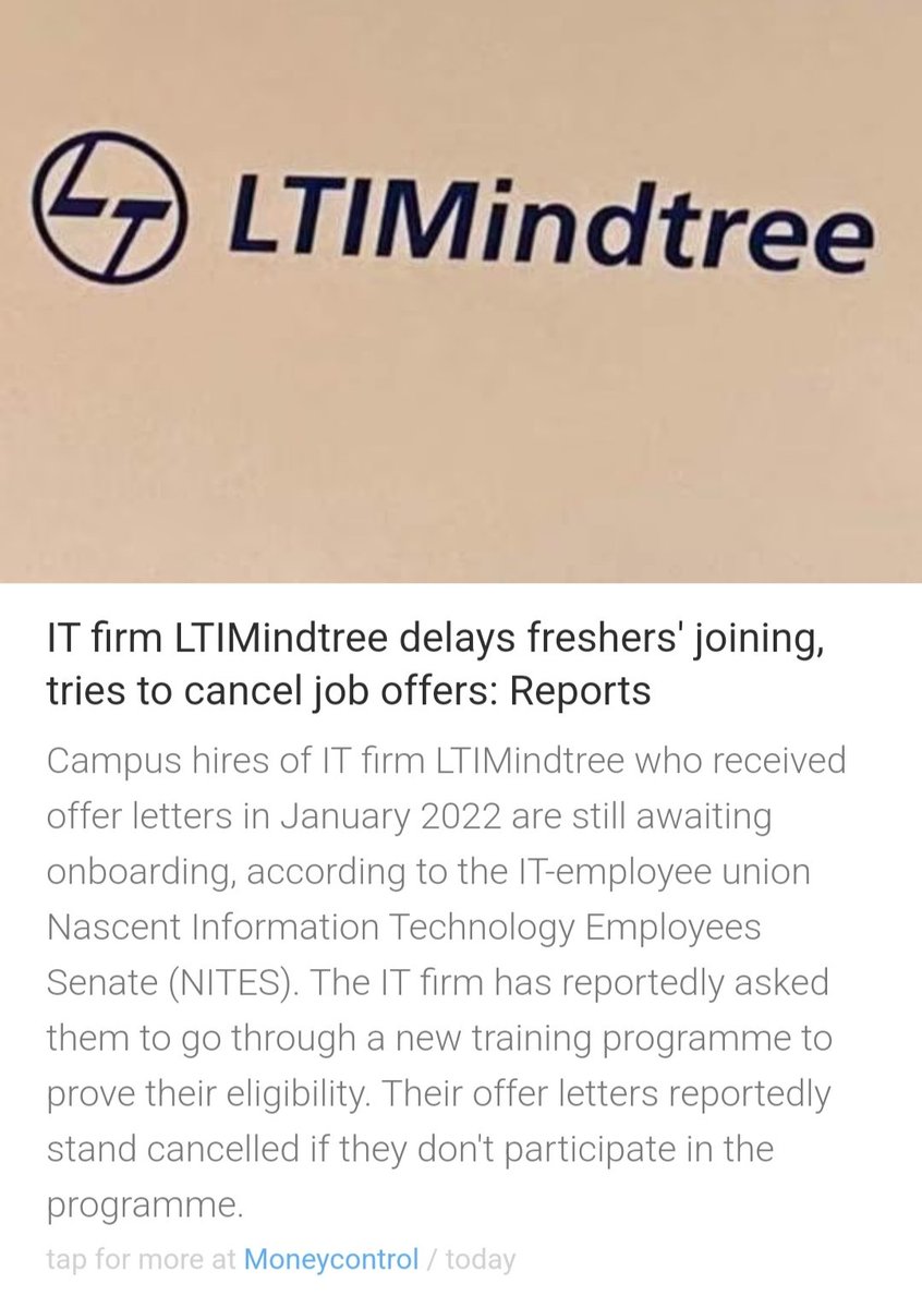 NITES strongly condemns @LTIMindtreeOFCL for delaying the onboarding of freshers with new training program #IGNITE. Freshers have no choice but to accept, risking their offer letter which was given in Jan 2022. Unacceptable treatment for those already waiting for over a year.