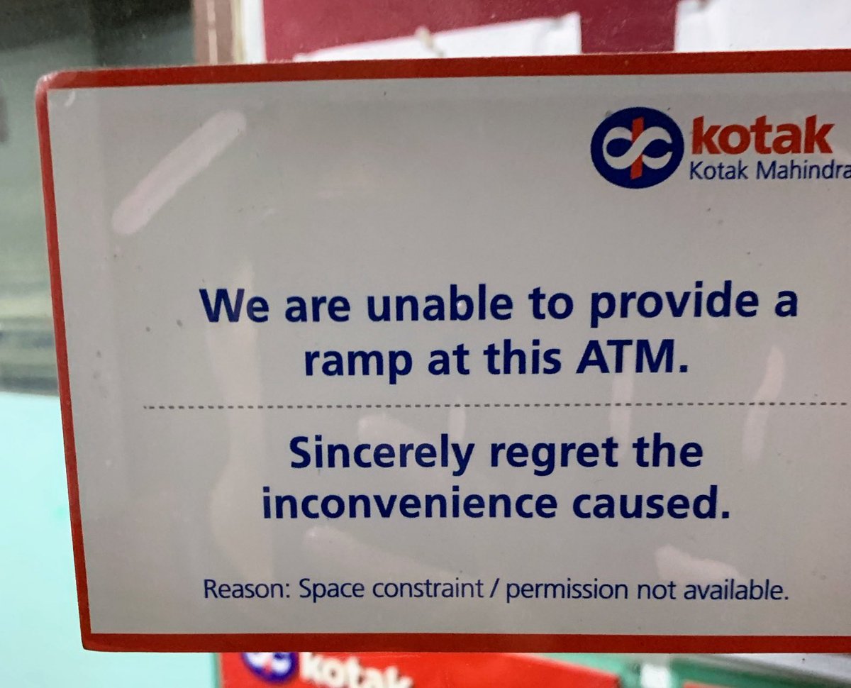 Happy to see this sticker on a Kotak Mahindra bank ATM. Yes accessibility may be a challenge in this ATM but I respect the bank acknowledging this upfront. #access #inclusion ⁦<a href="/KotakBankLtd/">Kotak Mahindra Bank</a>⁩ appreciate this