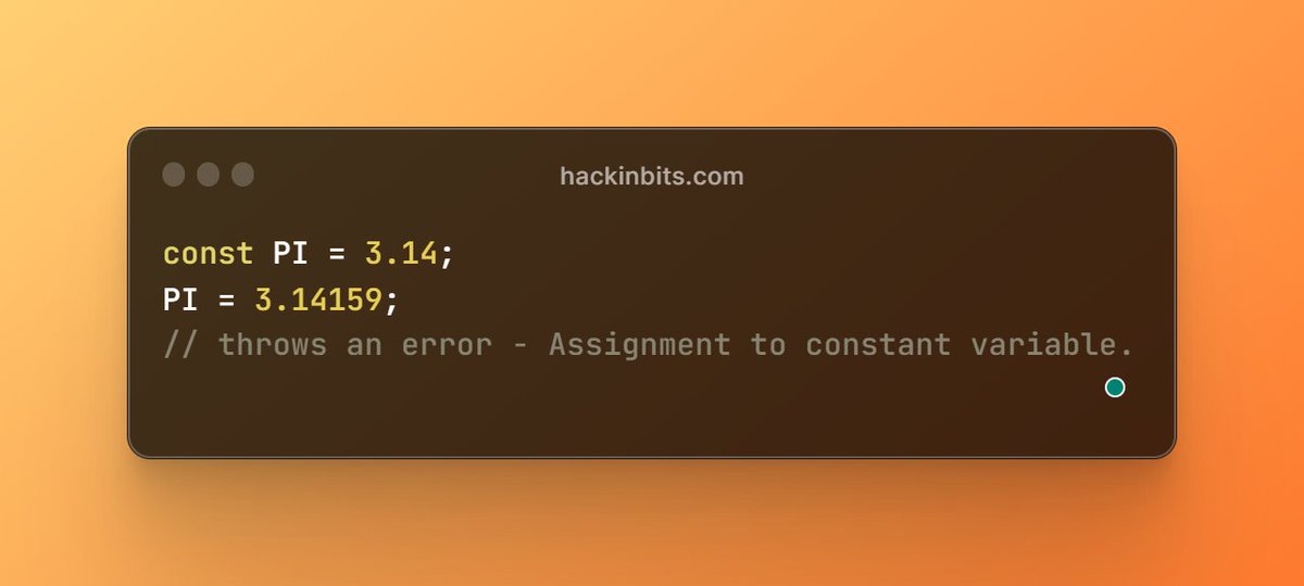 hackinbits's tweet image. A 'const' statement in JavaScript allows you to declare a variable with a value that cannot be reassigned. This makes your code more secure and less prone to bugs.
#javascript #webdevelopment #Coding #hackinbits