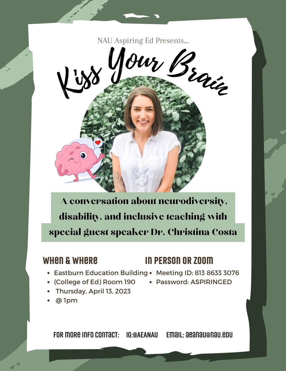 aeanau's tweet photo. ✨You don’t want to miss this!✨

Join us this Thursday in Rm 190 to welcome special guest Dr. Christina Costa as she talks about neurodiversity, inclusive teaching, and disability! https://t.co/Widf2rjoP2