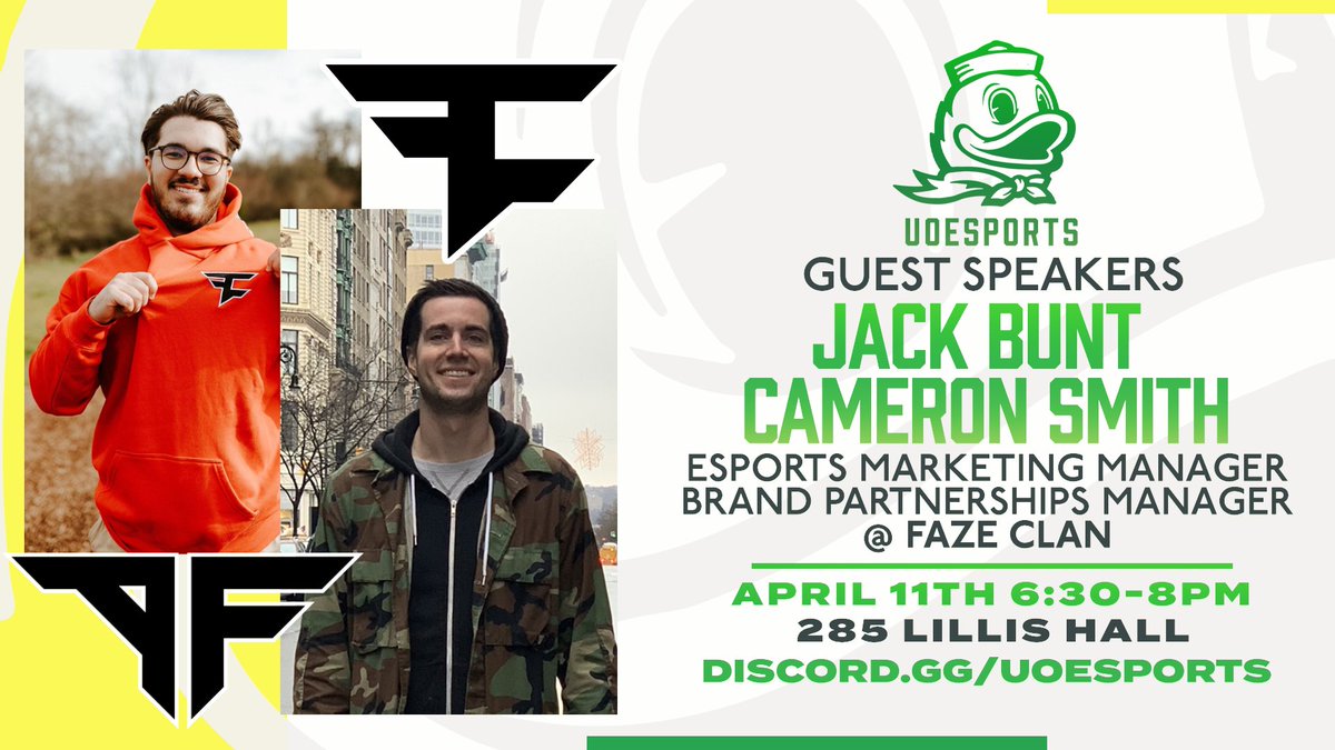 Hey Ducks! Don't miss out on the oppurtunity to hear <a href="/bunt_jack/">Jack Bunt</a> and <a href="/CameronJaySmith/">Cam Smith</a> from <a href="/FaZeClan/">FaZe Clan</a> speak to us on April 11th at Lillis Hall!

#ScoDucks