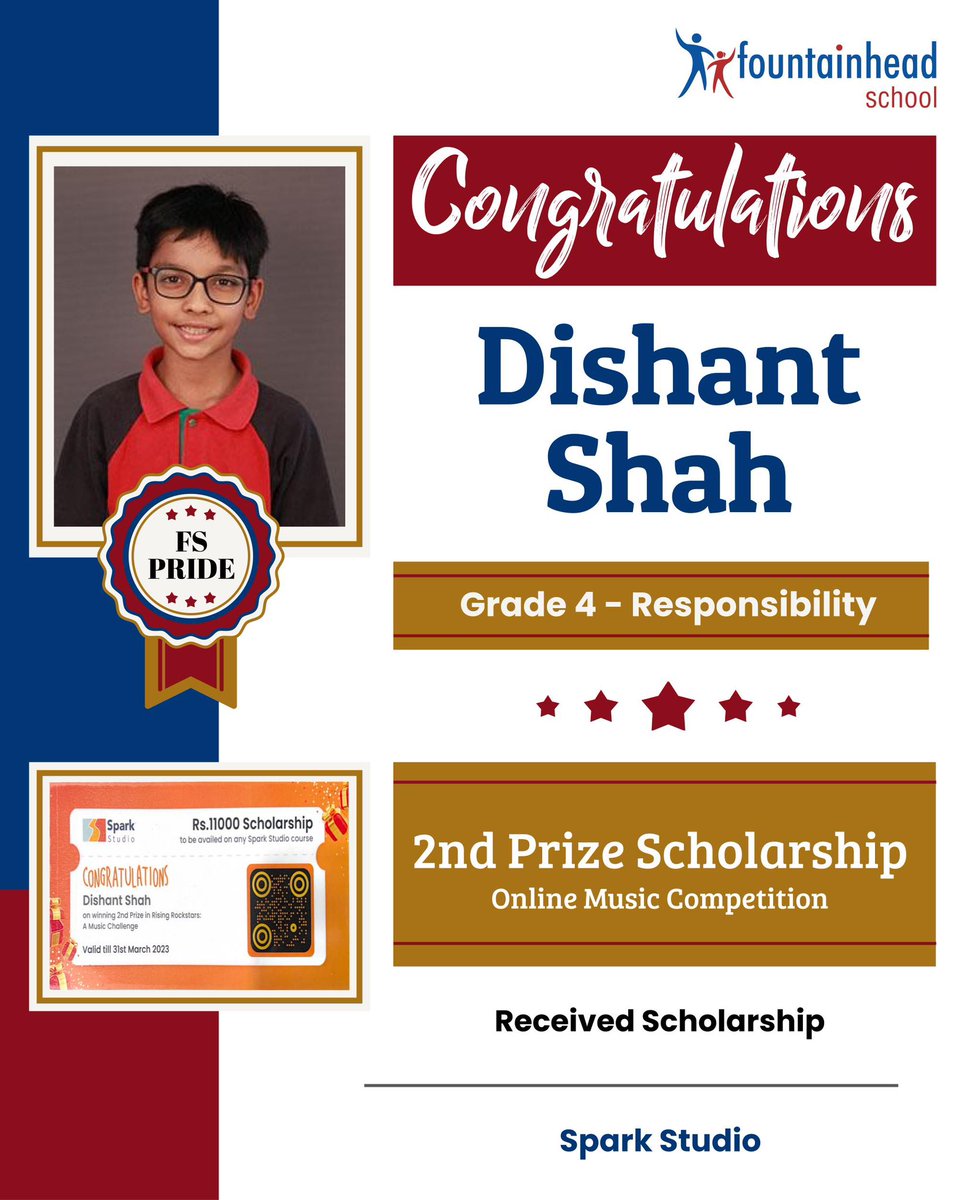 FSSurat's tweet photo. Dishant Shah of Grade 4 - Responsibility has won 2nd prize and a scholarship of 11000/-  at the Online Music Competition Organized by Spark Studio.
#FSHappenings #FSStudents #FSWay #FSpride #FSLife https://t.co/Dc7Xioj3Kp