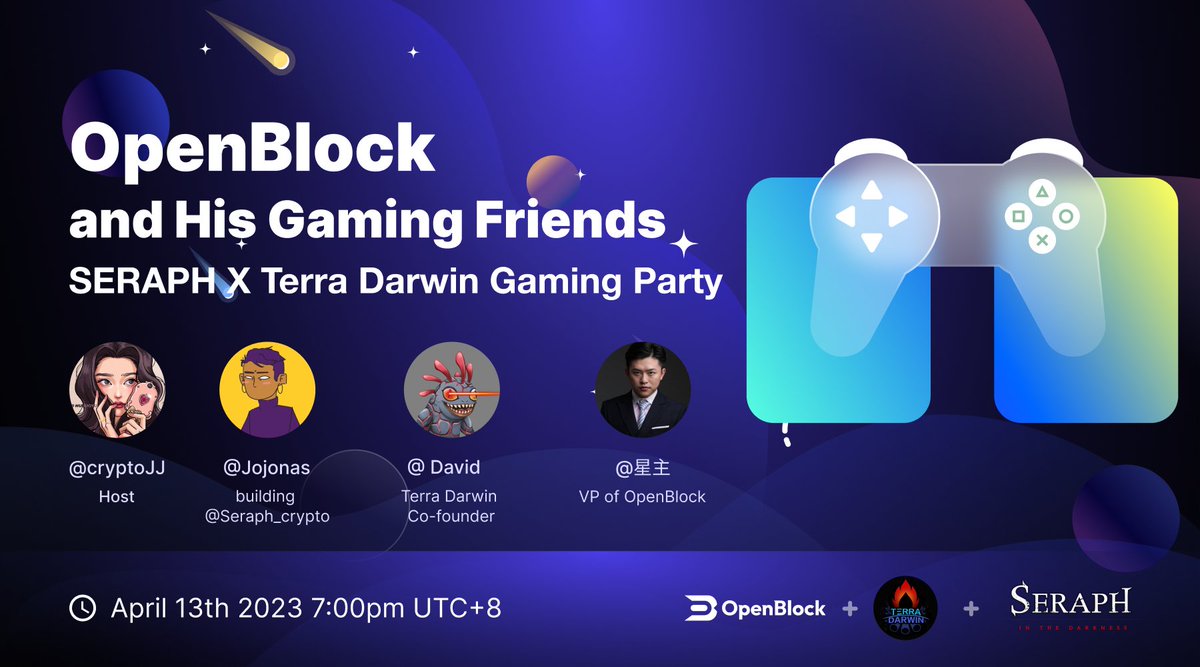 🚨AMA alert 🚨
We are hosting an online event with <a href="/JJ23_crypto/">CryptoJJ</a> <a href="/xingzhu4real/">星主Animaia|</a> <a href="/DavidWong2077/">DV</a> <a href="/Seraph_crypto/">SERAPH: In the Darkness</a> on the topic of OpenBlock and His Gaming Friends.

🎁 1 limited edition NFT by Terra Darwin &amp; 3 treasure boxes by Seraph.

⏰ Apr 13, 07:00 PM

🔗 link3.to/e/oNkQHl