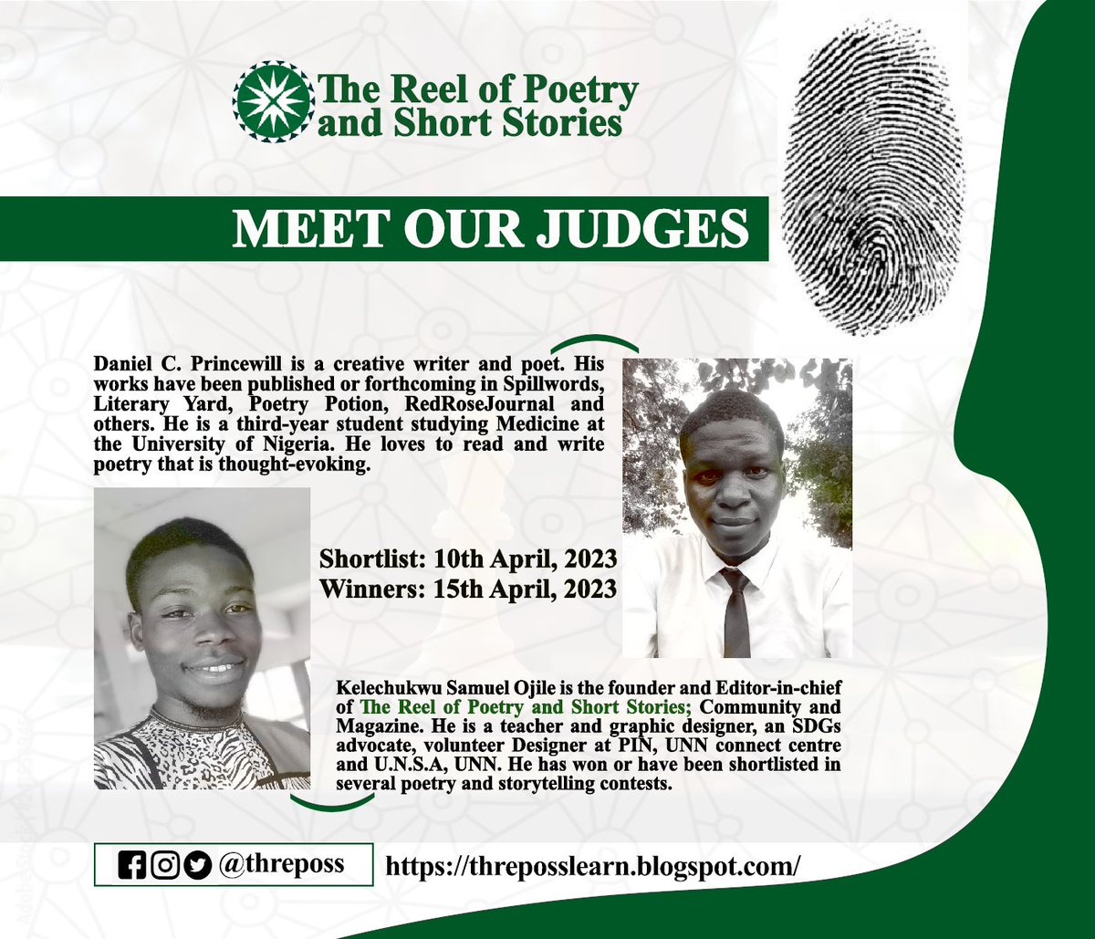 The last of the Judges...

Shortlist will be out Today.

Happy Poetry Month, Dear Reelers!

POETRY THREPOSS JUDGES CONTEST BLOG COMMUNITY MAGAZINE