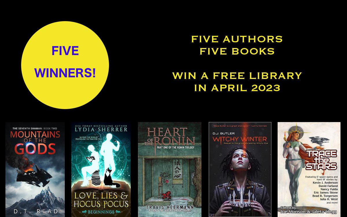 Hey! Win five free books, including a copy of Trace the Stars! Books by DT Read, <a href="/LydiaSherrer/">Lydia Sherrer</a> ,<a href="/TravisHeermann/">Travis Heermann</a> ,<a href="/DavidJohnButler/">D.J. Butler -- Sci-Fi / Fantasy Author and Editor</a> , and me &amp; @Jaleta_Clegg! 

#freebooks #sciencefiction #fantasyfiction  davidjohnbutler.com/giveaways/apri…