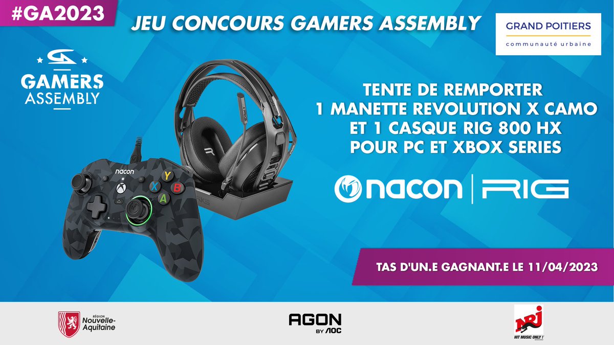 GamersAssembly's tweet photo. Dernier jour de #GA2023 et c'est @NaconFR qui régale ! 👏🥳
Pour tenter de GAGNER 1x manette Revolution X Camo et 1x casque RIG 800 HX pour PC et Xbox Series :
💬 Commente avec #GA2023
✅ Follow @GamersAssembly et @NaconFR
🔁 RT le Tweet
TAS le 11/04. GLHF ! 🥳 #RXPC #800PROHX https://t.co/sIpvGdmKGX