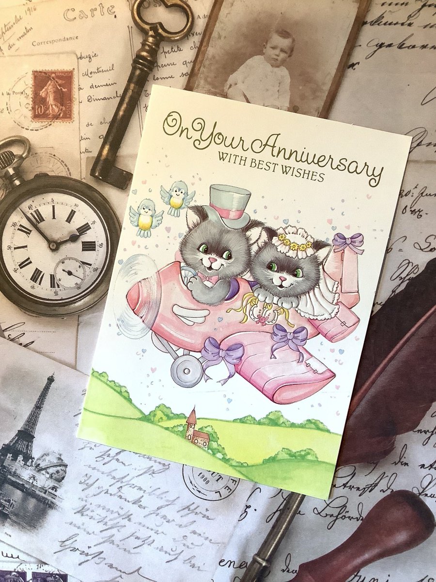 WatsonsVintage's tweet photo. These #Kitsch #WeddingAnniversary Cards are just £3.50 each in my #etsyshop #Rare #Vintage #Retro Circa 1980s 'On Your Anniversary With Best Wishes' Card - Cute Cat Bride &amp; Groom in a Pink Aeroplane Design - Sweet Verse https://t.co/0HZJ3HXqyP #OnYourAnniversary #CatDesignCard https://t.co/vrH4uzWVea