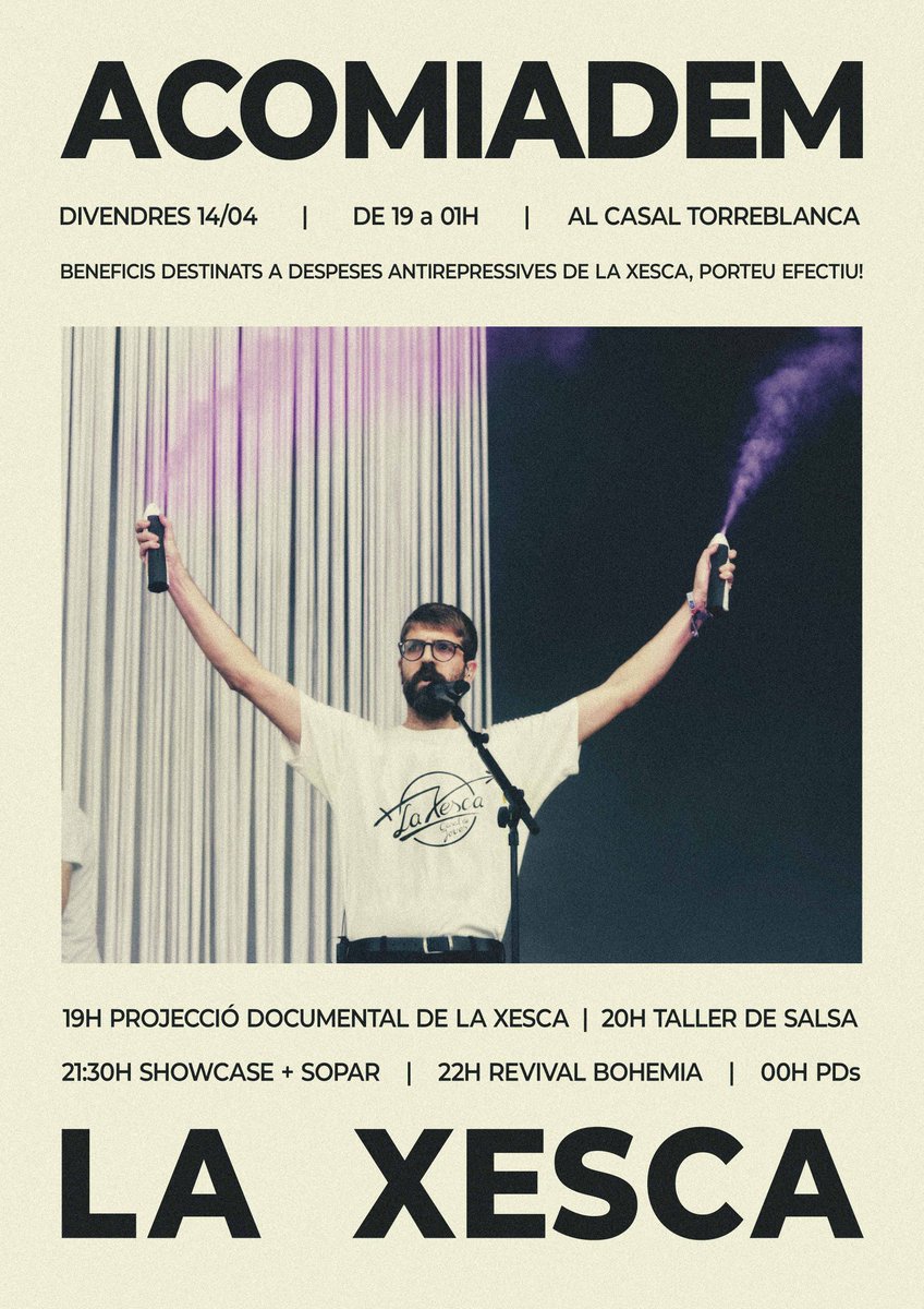 🔥 ATENCIÓ! 🔥
Queden pocs dies per la festa de comiat!! Us esperem aquest divendres al Casal Torreblanca, recordeu portar efectiu pel sopar!
Els beneficis aniran destinats a cobrir les despeses antirrepressives de la Xesca. No hi faltis!