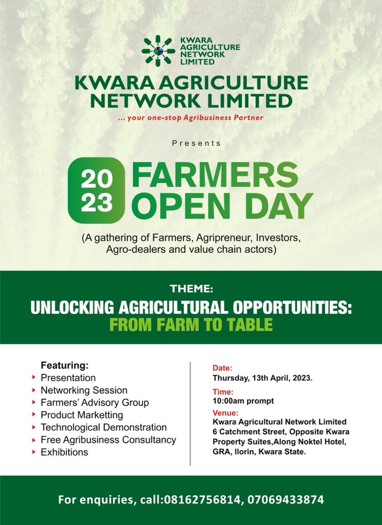 Kwagricnetwork's tweet photo. INVITATION TO 2023 FARMERS OPEN DAY🌾🍀
Kwara Agriculture Network Limited is a Agribusiness Management and consulting firm focussing on Agribusiness Marketting, Consultancy as well as Agribusiness Trainings.
The 2023 Farmers open day and Free Consultancy Session is designed to https://t.co/bEzkEzfmOq