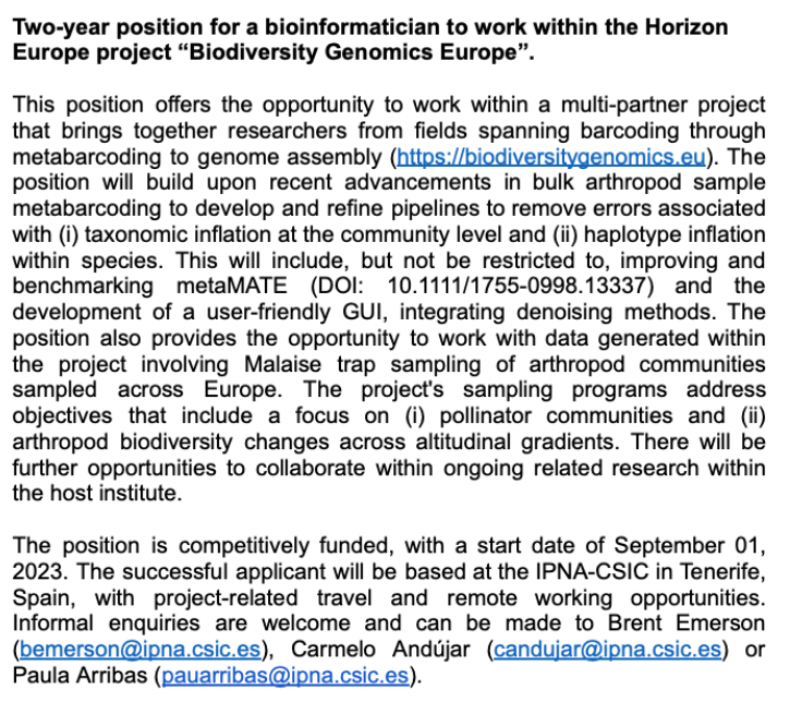 A 2-year bioinformatics post to work within the Horizon Europe project “Biodiversity Genomics Europe”, starting Sept 1st. Please retweet.