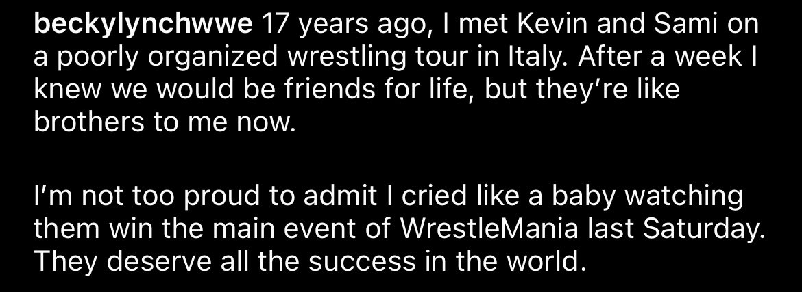 Its_Eleanor's tweet photo. Becky Lynch’s beautiful IG post about KO &amp; Sami Zayn 🥰

@BeckyLynchWWE 
@FightOwensFight 
@SamiZayn https://t.co/Z2atnYrMrL