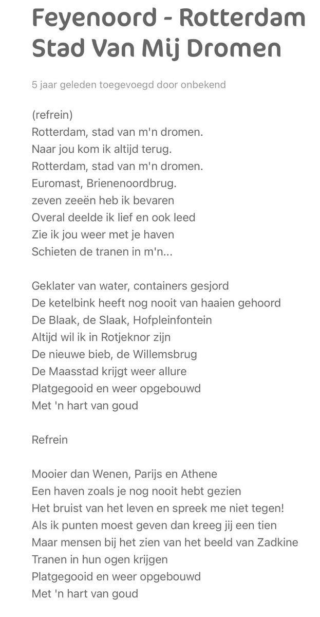 Gister voor het eerst een betere poging met de gele zijde om dit te zingen! 🗣️

Leer het, zing het langzaam &amp; uit volle borst 🎶

ROTTERDAM STAD VAN MIJN DROMEN