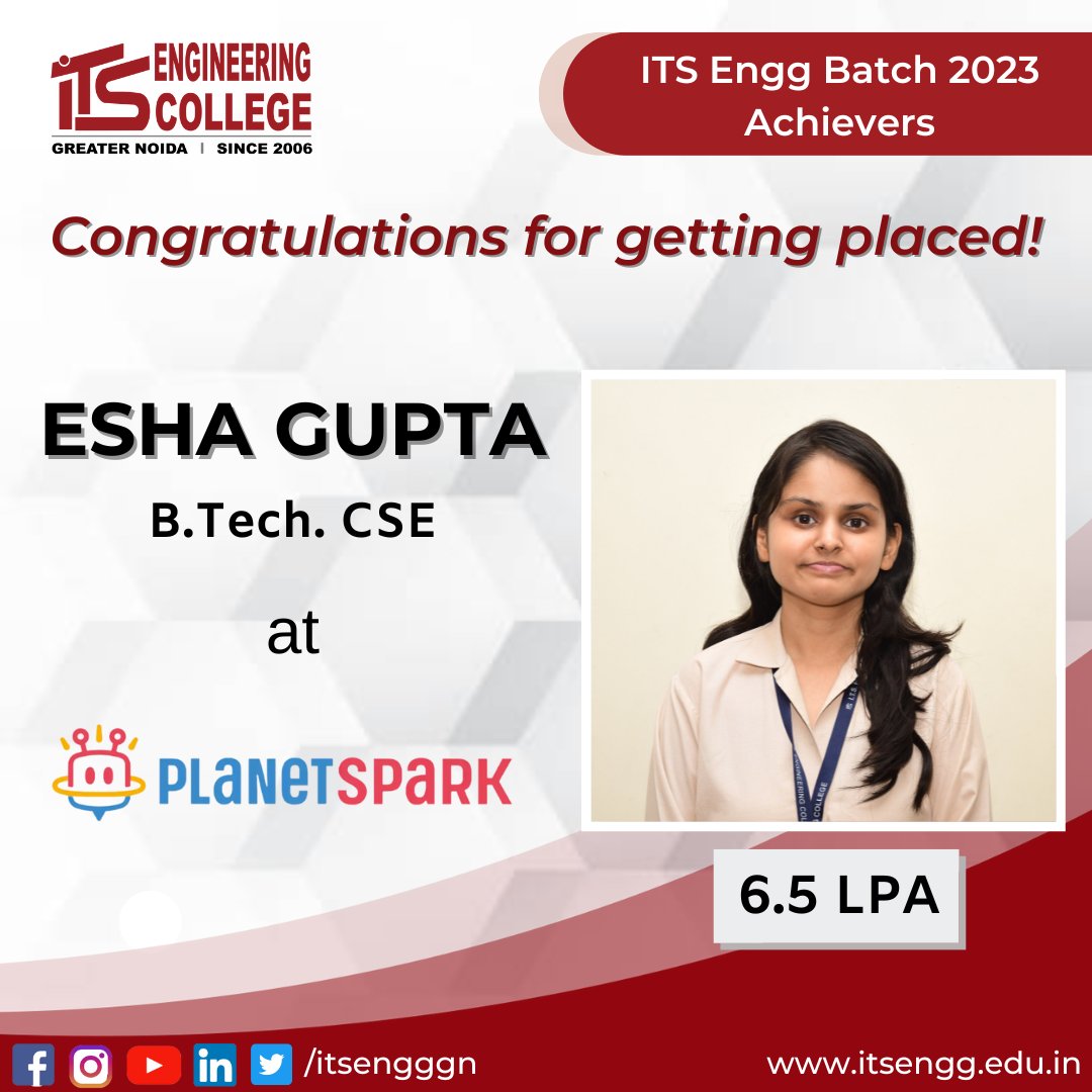 ITSEngggn's tweet photo. Congratulations!
It is a pleasure to announce that a student of the #BtechBatch2023- ESHA GUPTA, has been successfully placed in "Planetspark". ITS Engineering College offers their heartiest #Congratulations for their achievement.
#placement #itsengg #jobPlacement https://t.co/aaWWx1X44I