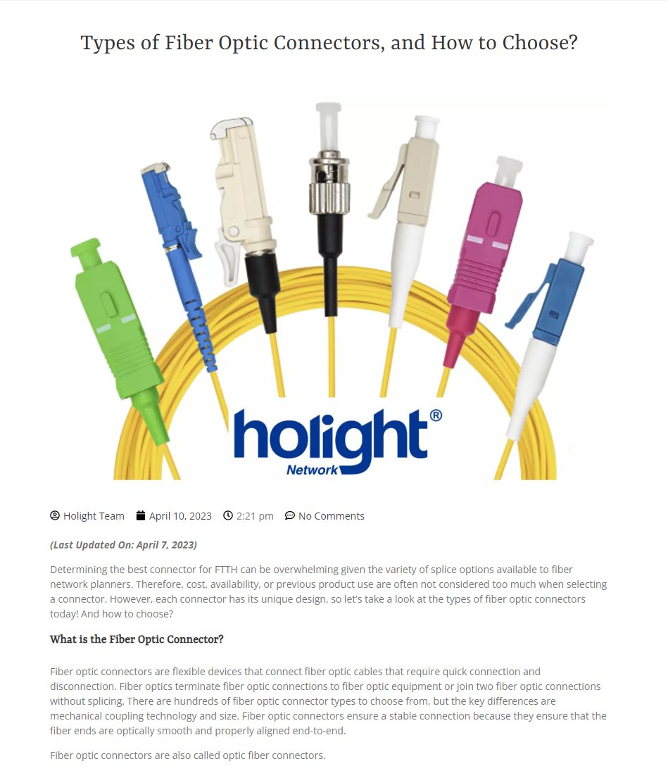 fiberFTTx's tweet photo. Types of Fiber Optic Connectors, and How to Choose?
If you want to know more, please visit: https://t.co/x0pus6bung
Sales@holightoptic.com/www.holightoptic.com
#Fiberoptic #Patch #Cord #Fiberopticconnector #SCConnector #STConnector #Network #FTTH #MM #E2000 #SMA #MPO #MTP https://t.co/vLjhqTWY0q