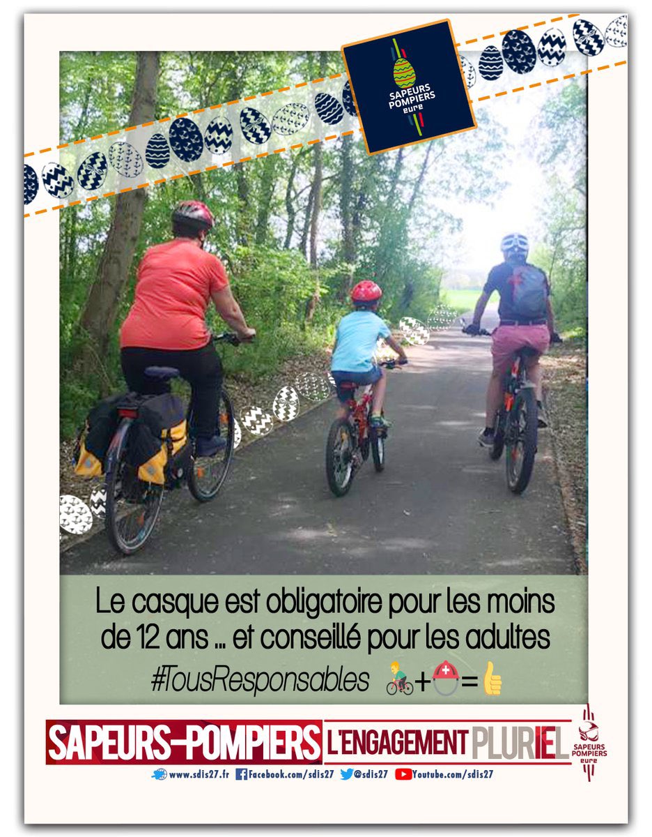 sdis27's tweet photo. Et c'est parti pour la chasse aux🥚 de #paques 
Vous profitez du week-end pour une ballade en 🚴‍♀️dans le
@eureennormandie , l’occasion de rappeler que le ⛑️est obligatoire pour les -12 ans &amp; conseillé pour les + grands ! @RoutePlusSure avec @Prefet27 &amp; les @PompiersFR 
🚴‍♀️+⛑️= 👍 https://t.co/lmnmtgRWIw