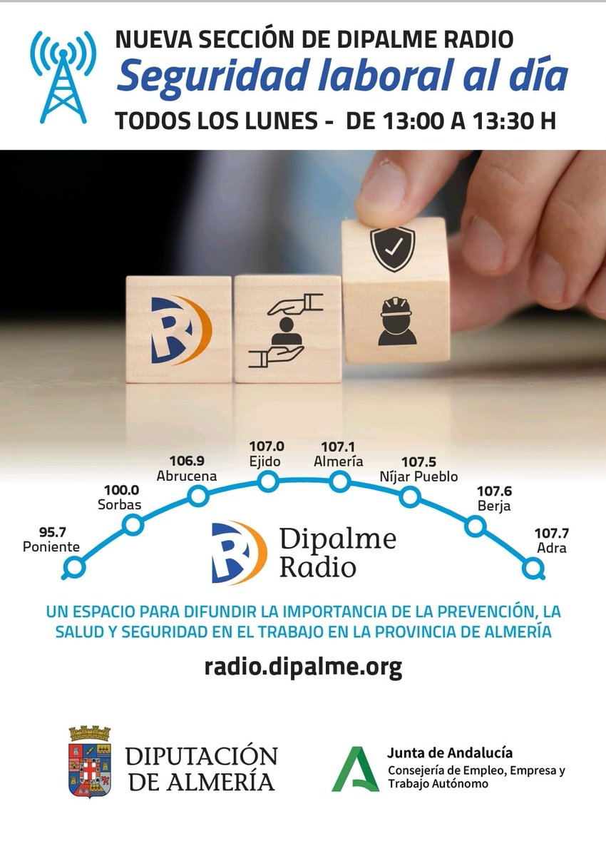 📻 Hoy en el programa 'Seguridad laboral al día' de la Consejería de Empleo, Empresa y Trabajo Autónomo  y Diputación de Almería  conoceremos las funciones de los delegados de prevención en las empresas y cómo participan los trabajadores en la planificación preventiva.🎙