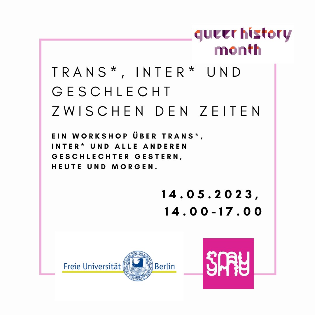 "Trans*, Inter* und Geschlecht zwischen den Zeiten". Ein Workshopangebot im Rahmen des #QueerHistoryMonthBerlin2023 von <a href="/MBootsmann/">Merlin Sophie Bootsmann (sie/es - she/they)</a>, Greta Hülsmann (Arbeitsbereich Didaktik der Geschichte der <a href="/FU_Berlin/">Freie Universität</a>) und <a href="/orlandobpunkt/">Orlando Meier-Brix</a>  (<a href="/GayMuseum/">Schwules Museum</a>). Anmeldungen unter: info@queerhistory.de