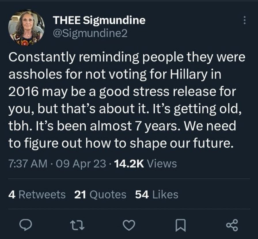 These kind of ppl don’t get it. We are still living w/ the consequences of Nader running against Gore. 20 years from now we will still be living w/ the consequences of you not voting for Hillary. Look at SCOTUS. That should remind you.