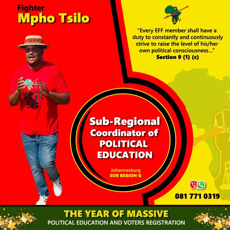 TovarishZulu's tweet photo. We are moving forward to achieve political inclination in our lifetime. We congratulate #FighterMpho for his deployment. Politics in our region will be analytical tools that will strengthen political understanding. #SubRegionG @EFFGautengProv @EFFSouthAfrica https://t.co/8DVwWj4Rzl