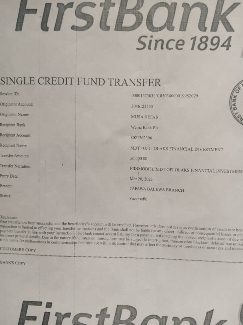 KefasM's tweet photo. @FBN_help Happy Easter! 
I have a Transaction failure problem and I need your help.
I transferred the sum of N50,000 to a https://t.co/YJ3y1C7WyF Payment gate way "MDT OFI OLAKS FINANCIAL INVESTMENT,
WEMA BANK, ACCOUNT NUMBER: 8021262396" 
To be completed https://t.co/WfYTvLdfyJ