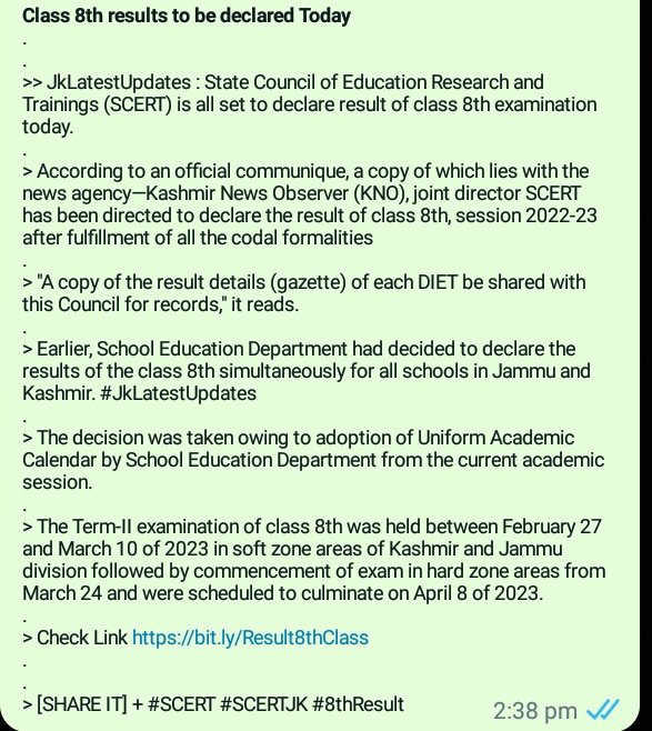 JkLatestUpdates's tweet photo. >> Class 8th results to be declared Today. #JkLatestUpdates 

> Check Link https://t.co/UBokBFZSBw

 #SCERT #SCERTJK #8thResult @dsekofficial @JKSamagra @SCERTJK @SchoolsJammu @DietJammu @var_gn @psajk2020 @dse_ladakh @rjnasirkashmir @mehakzubair1 @RJSameenKhan @Mirchi_Rafia https://t.co/8tCXnixu8g