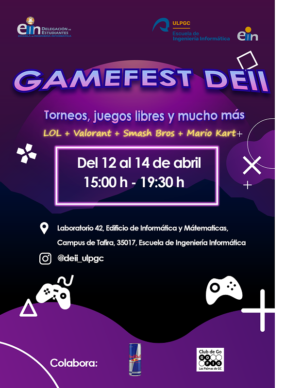JuventudCanaria's tweet photo. 👾 #GameFest2023
Evento de juegos y videojuegos los días 12, 13 y 14 de abril en la Escuela de Ingeniería Informática de la @ULPGC, para personas de dentro y fuera de la comunidad universitaria.
+ info aquí 👉🏽 https://t.co/5aN4x6nRlo https://t.co/H6UIIPqctb