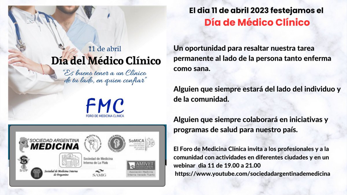 📷El día 11 de abril 19:00a 21:00 festejamos el día Día de Médico Clínico.
📷Una oportunidad para resaltar nuestra tarea permanente al lado de la persona tanto enferma como sana.
📷Programa aquí bit.ly/3Gwy6Xo
📷bit.ly/Medico_Clinico…