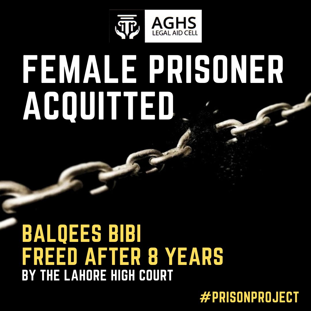 AGHS had another woman acquitted after 8 years of incarceration. Balqees Bibi was sentenced to imprisonment for life in 2017 but was already behind bars since 2015. 

Today she has been acquitted by the Lahore High Court through the effort of the AGHS legal team.
#PrisonProject