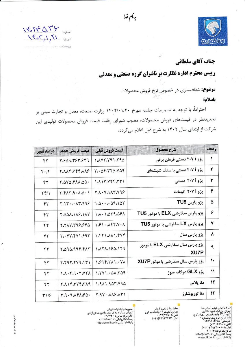 codal_ir's tweet photo. قیمت جدید محصولات #خودرو https://t.co/h8PEAe65tr