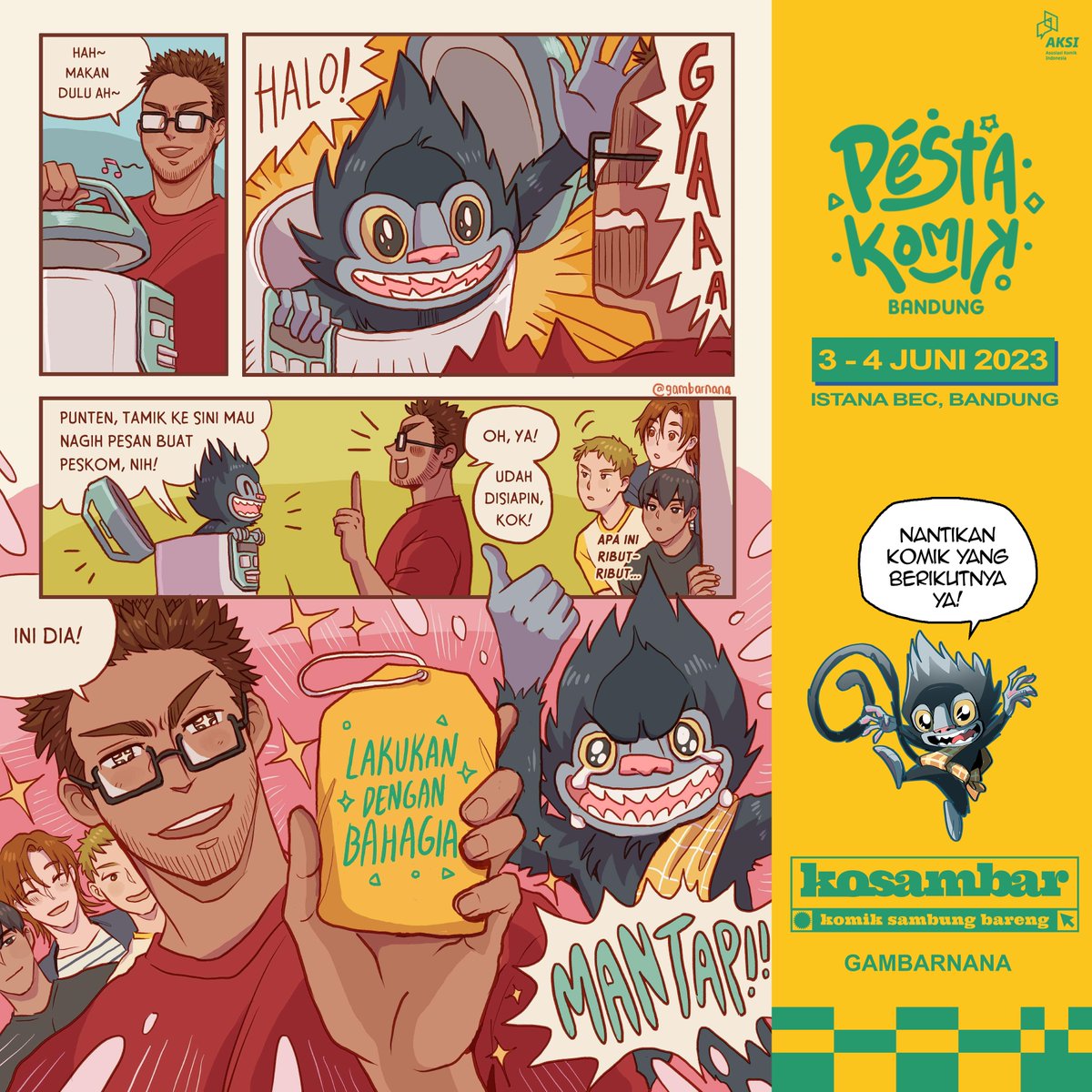 pestakomik's tweet image. Kita dapet pesan spesial nih dari kak @gambarnana, buat pesta mah ini keharusan sih ya.

Yang mau ikutan bikin, hayu atuh, bannernya mah bisa didapetin di link yang ada di bio Peskom. Trus upload ke sosial media kamu make hastag #PesanUntukPeskom #PeskomBandung2023